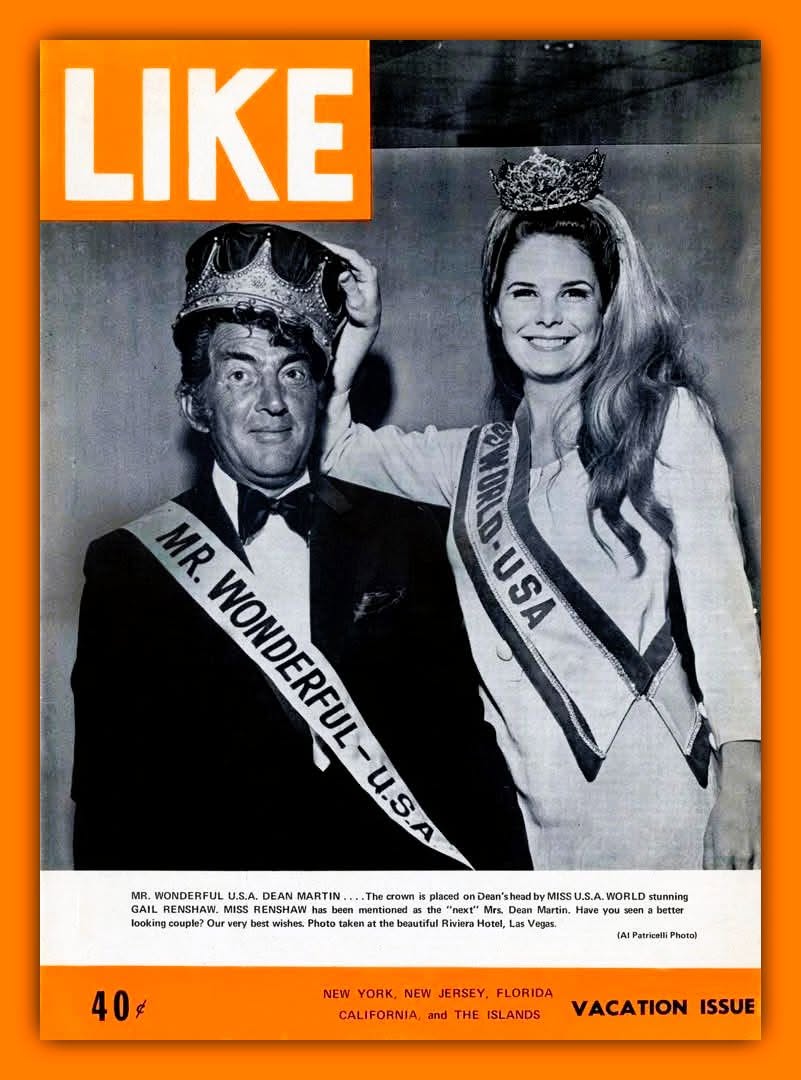 A vintage LIKE Magazine cover showing Dean Martin crowned by Miss U.S.A. World Gail Renshaw at the Riviera Hotel, Las Vegas.