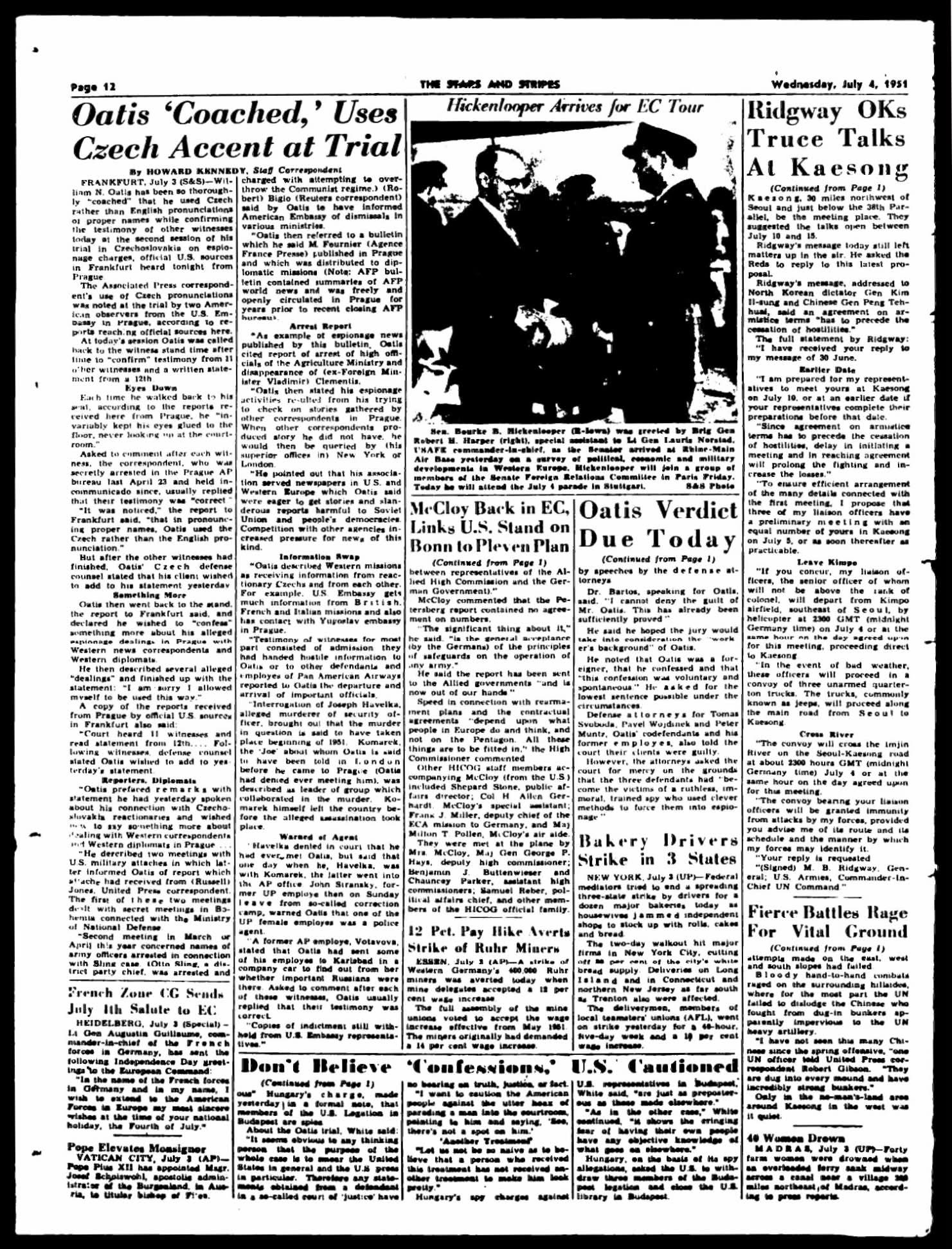 The front page of Stars and Stripes from July 4, 1951, with headlines on the Oatis trial in Prague and truce talks at Kaesong.