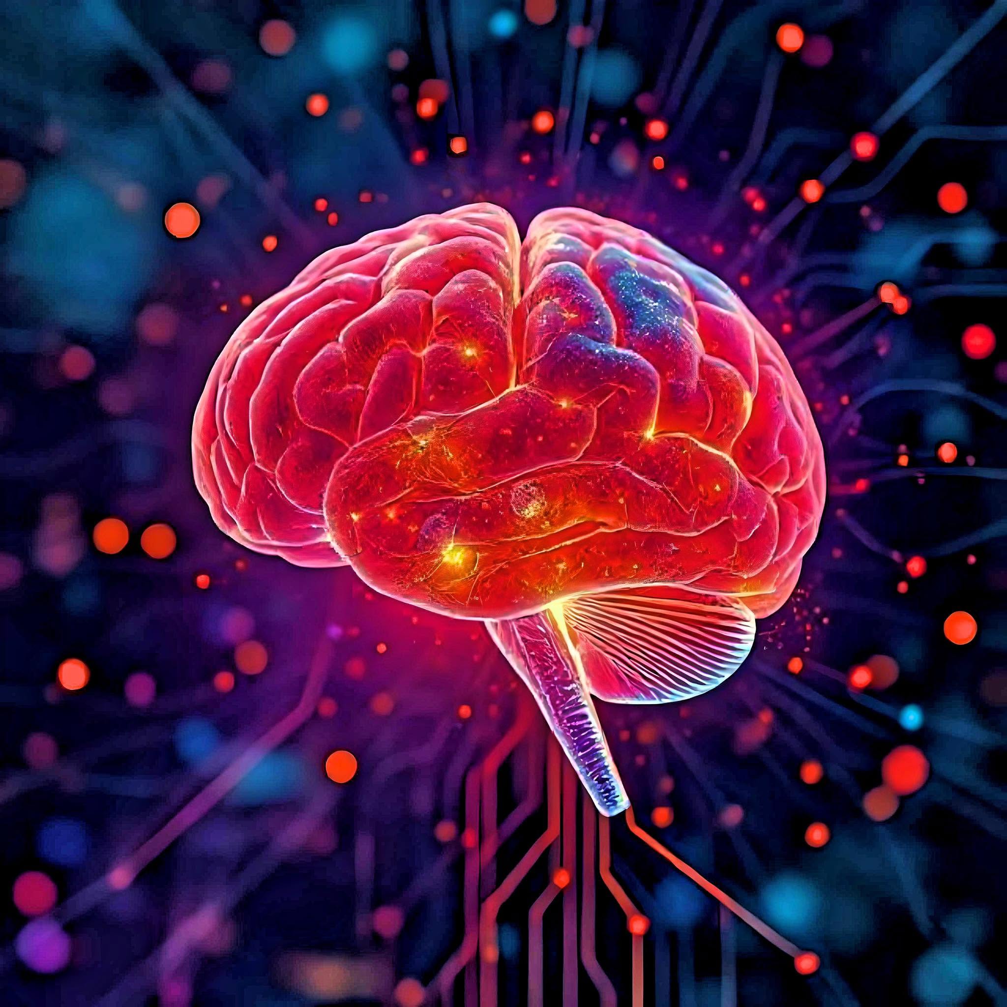 Illustration of a glowing red brain threaded with circuitry against a dark field of colored light.