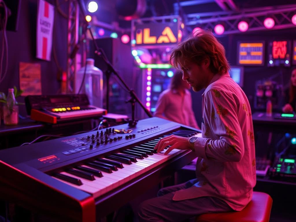 Illustration of a keyboardist performing on an electronic keyboard under neon club lights.