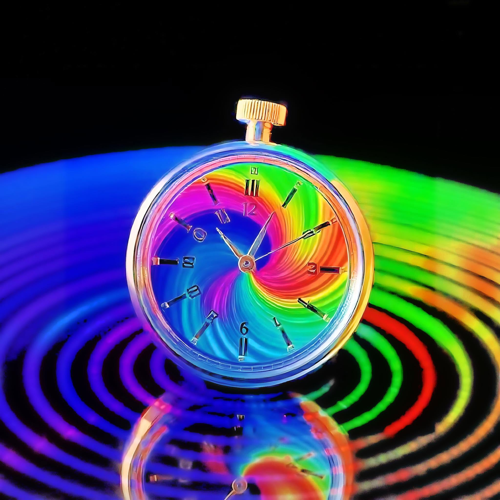 Illustration of a rainbow-colored stopwatch sending out ripples of colored light.