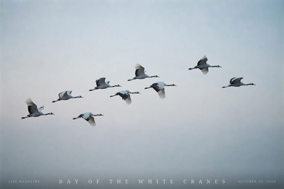 Nine cranes fly in a loose wedge across a pale grey sky; along the bottom edge runs the caption LIKE Magazine, Day of the White Cranes, October 22, 2026