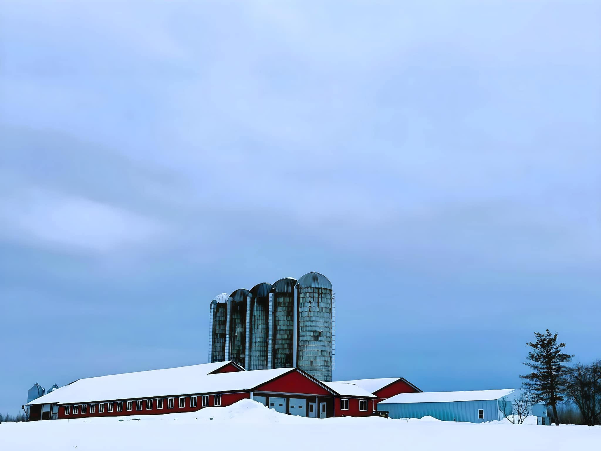 A red barn and silos stand in deep snow under a pale winter sky.