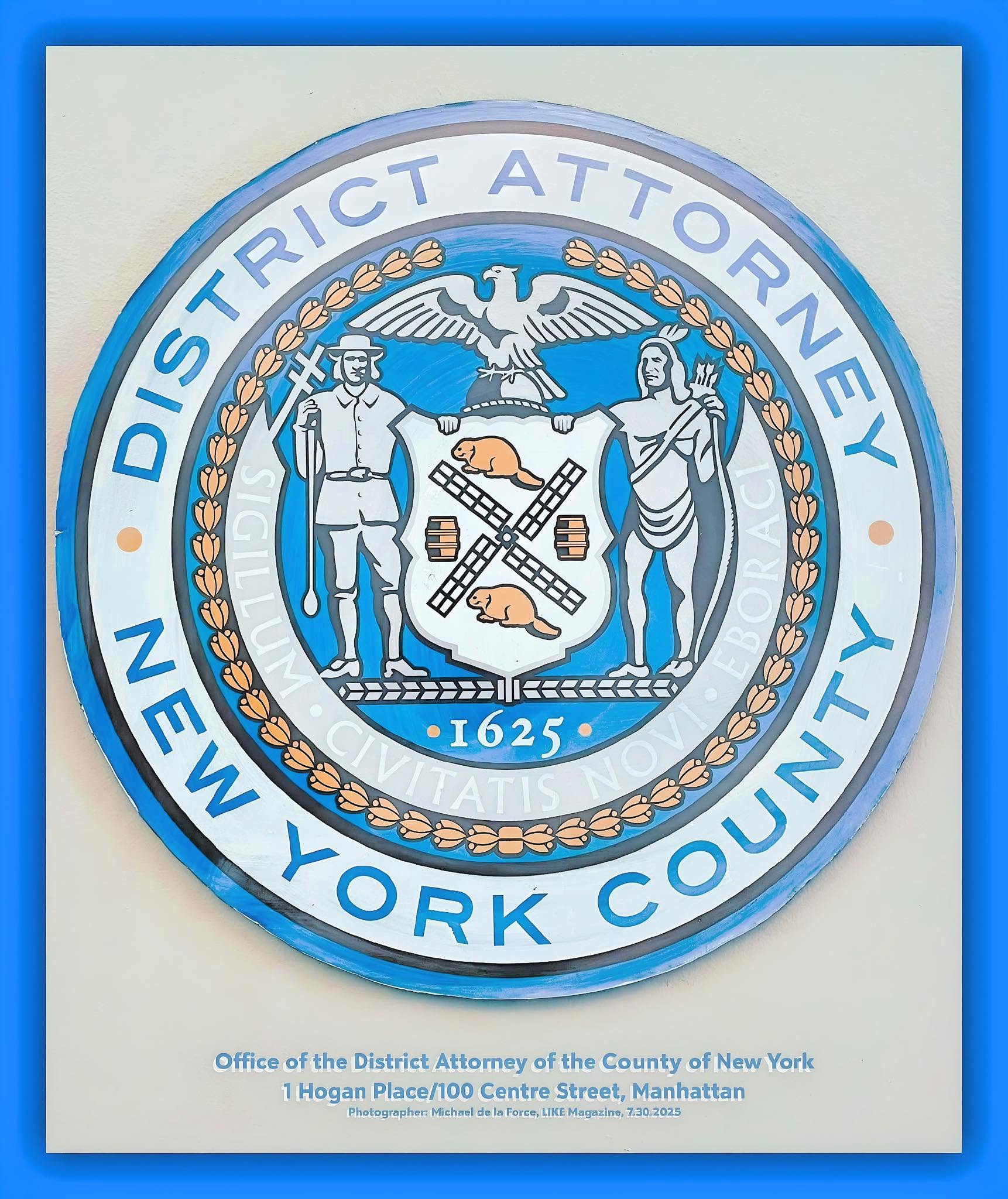 The seal of the District Attorney of New York County: an eagle, a beaver, a Dutch settler and a Native American around a shield dated 1625.