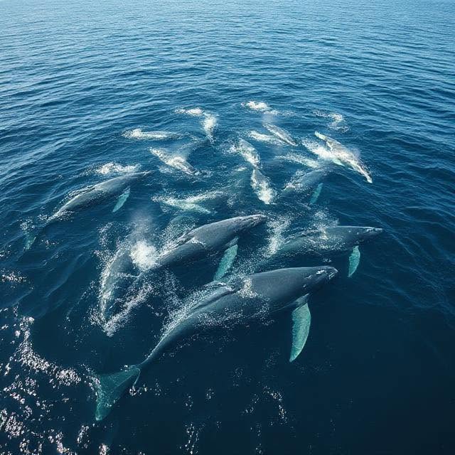 A pod of whales swimming in deep blue water, seen from above.