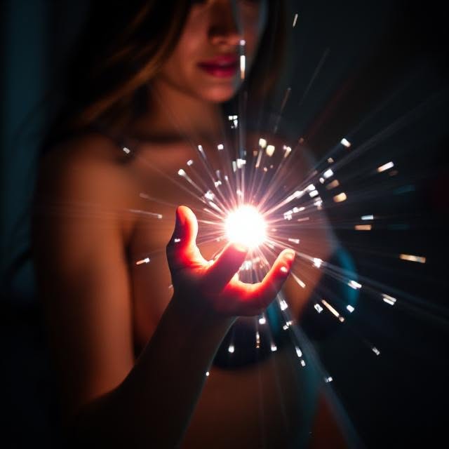 Digital illustration of a woman holding a glowing orb of light, rays bursting outward against a dark background.