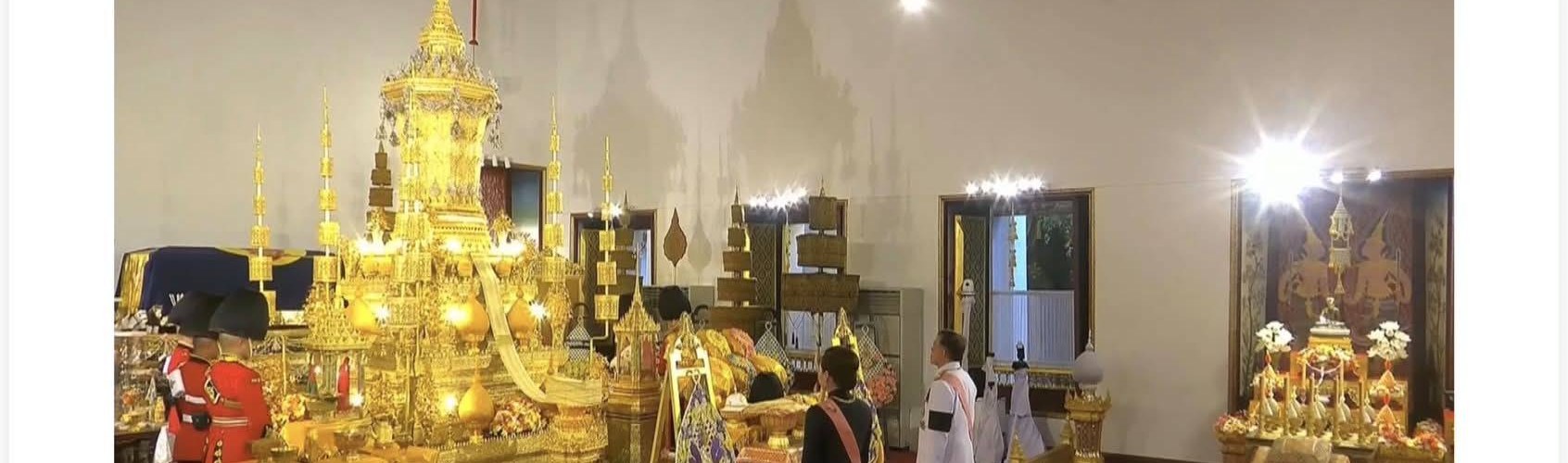King Maha Vajiralongkorn and Queen Suthida before the Royal Urn of HRH Princess Bajrakitiyabha at the fiftieth-day royal merit-making ceremony, Grand Palace, Bangkok