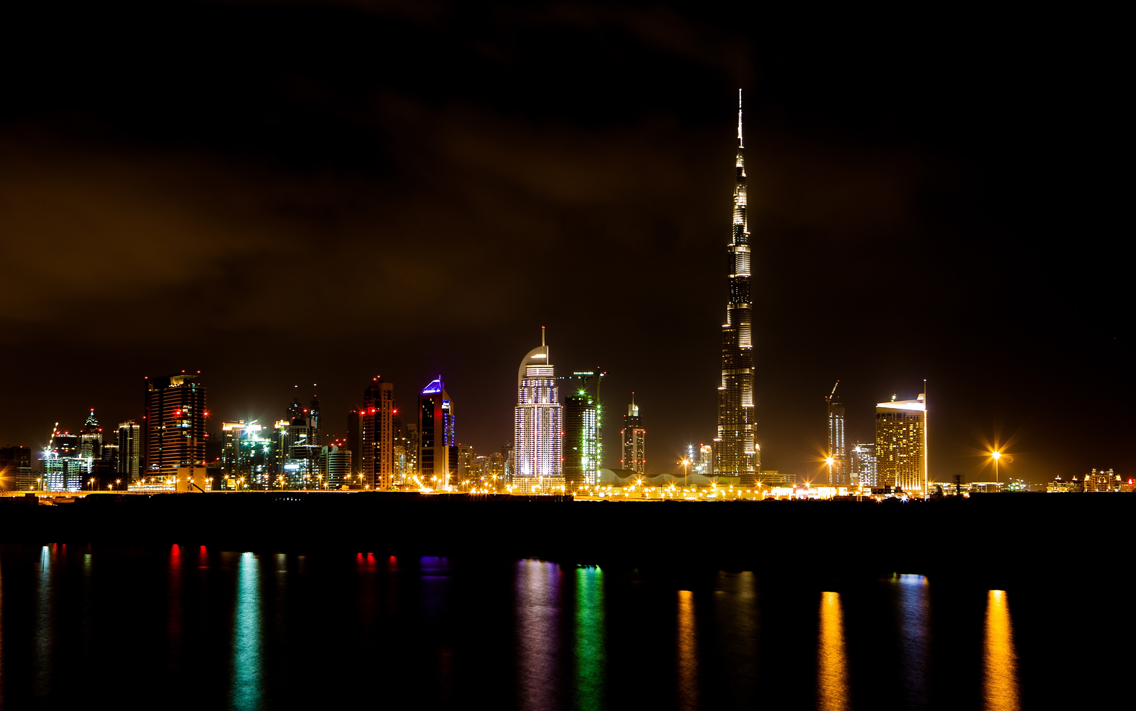 The Dubai skyline at night.