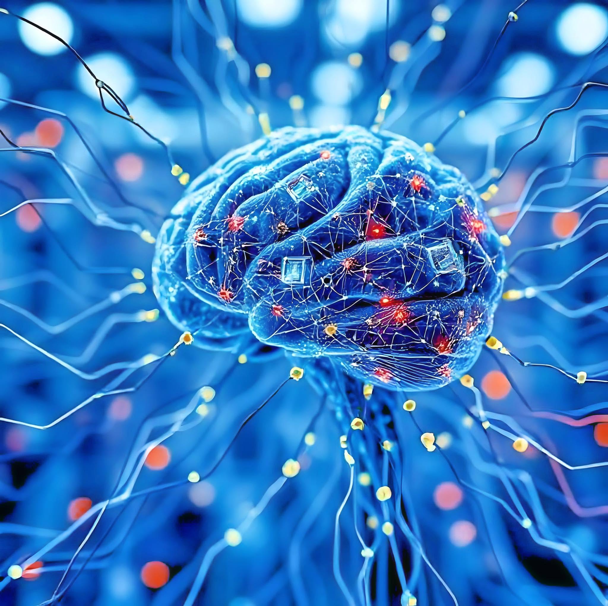 Illustration of a glowing blue brain threaded with circuitry, chips, and neural connections.