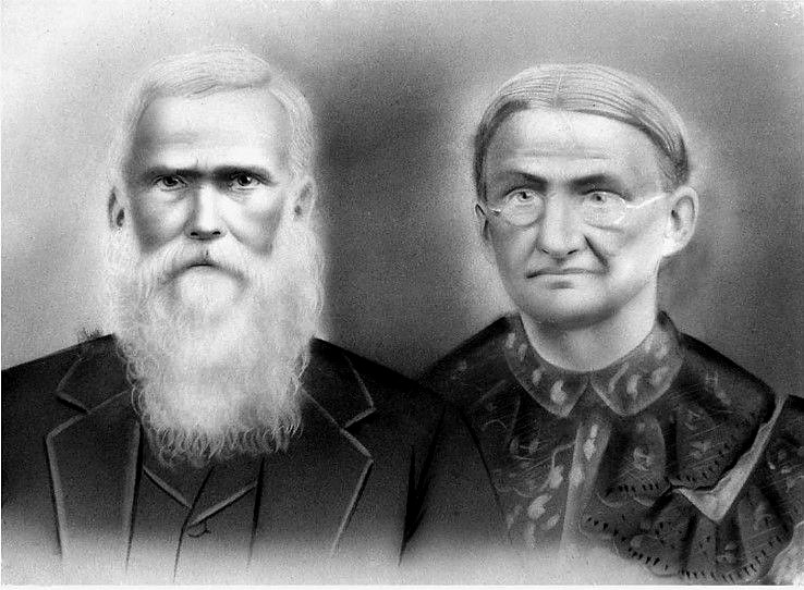 Retouched studio portrait of Frank M. and Elizabeth (Noblett) Richards as an elderly couple.
