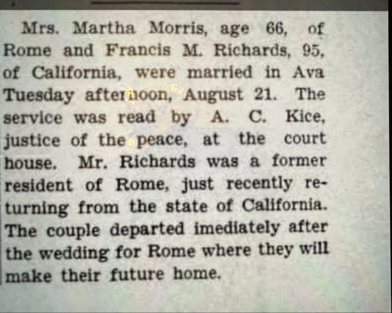 Newspaper marriage notice for Mrs. Martha Morris and Francis M. Richards, married in Ava, Missouri.