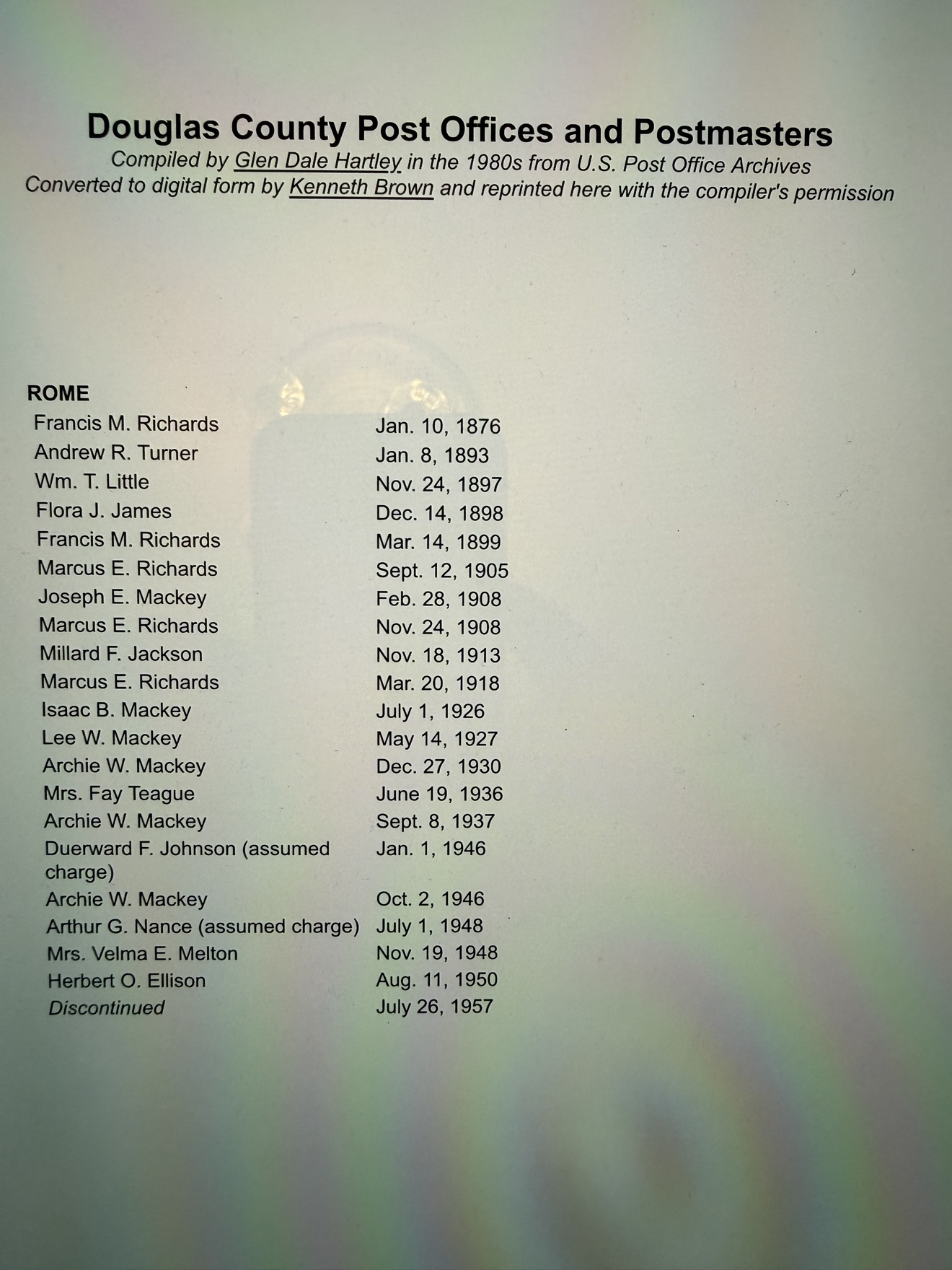 Photograph of the Rome, Missouri postmaster list showing Francis M. Richards appointed January 10, 1876.