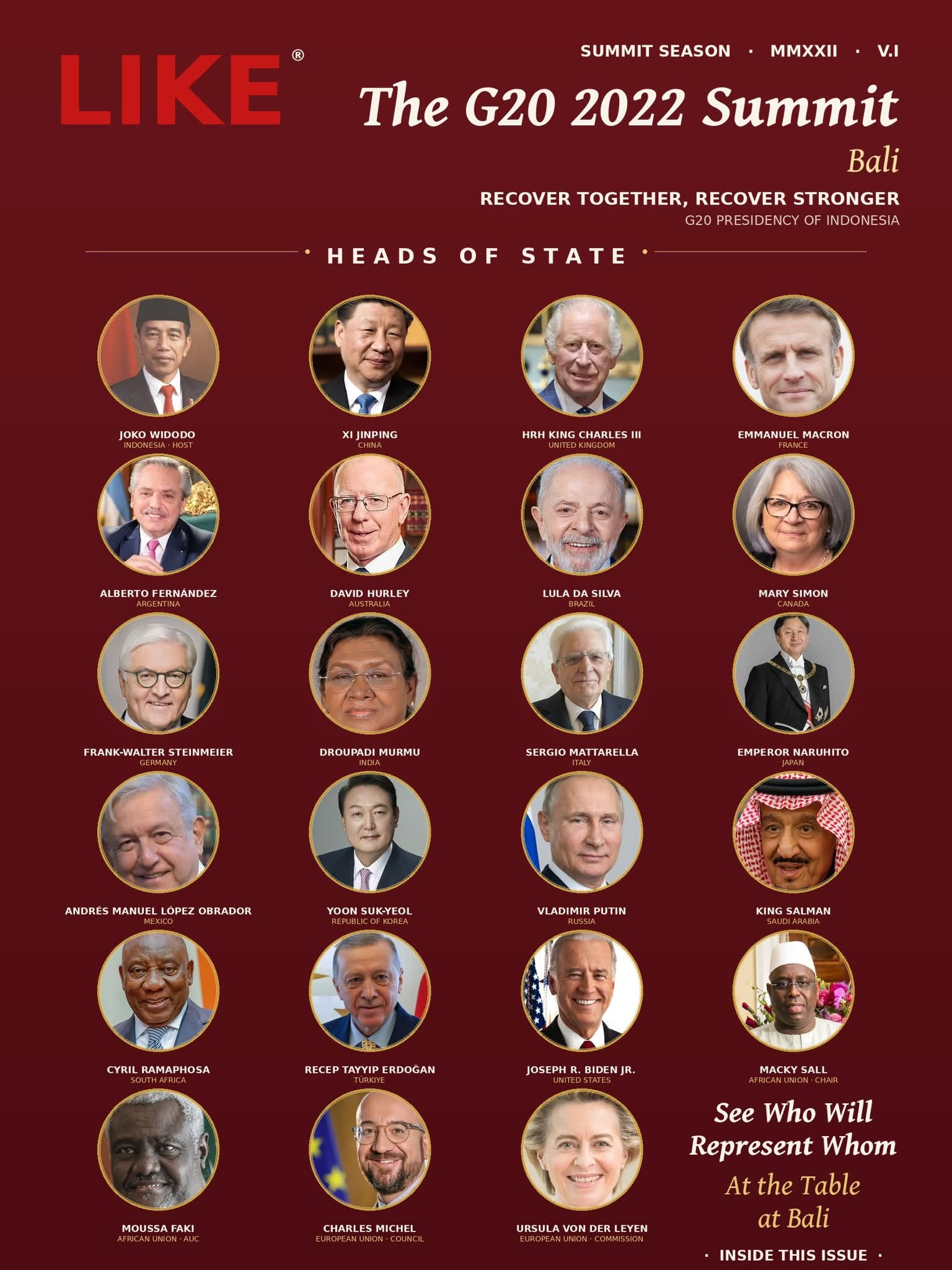 LIKE Magazine's G20 2022 Summit Bali cover: a grid of heads of state beneath the headline 'Recover Together, Recover Stronger.'