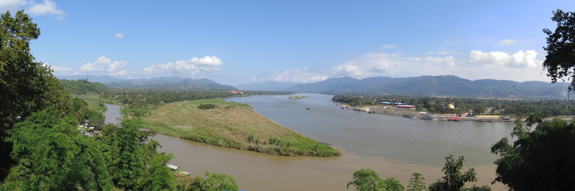 Panorama of the Mekong River at the Golden Triangle, where Thailand, Laos and Myanmar meet, seen from Sop Ruak