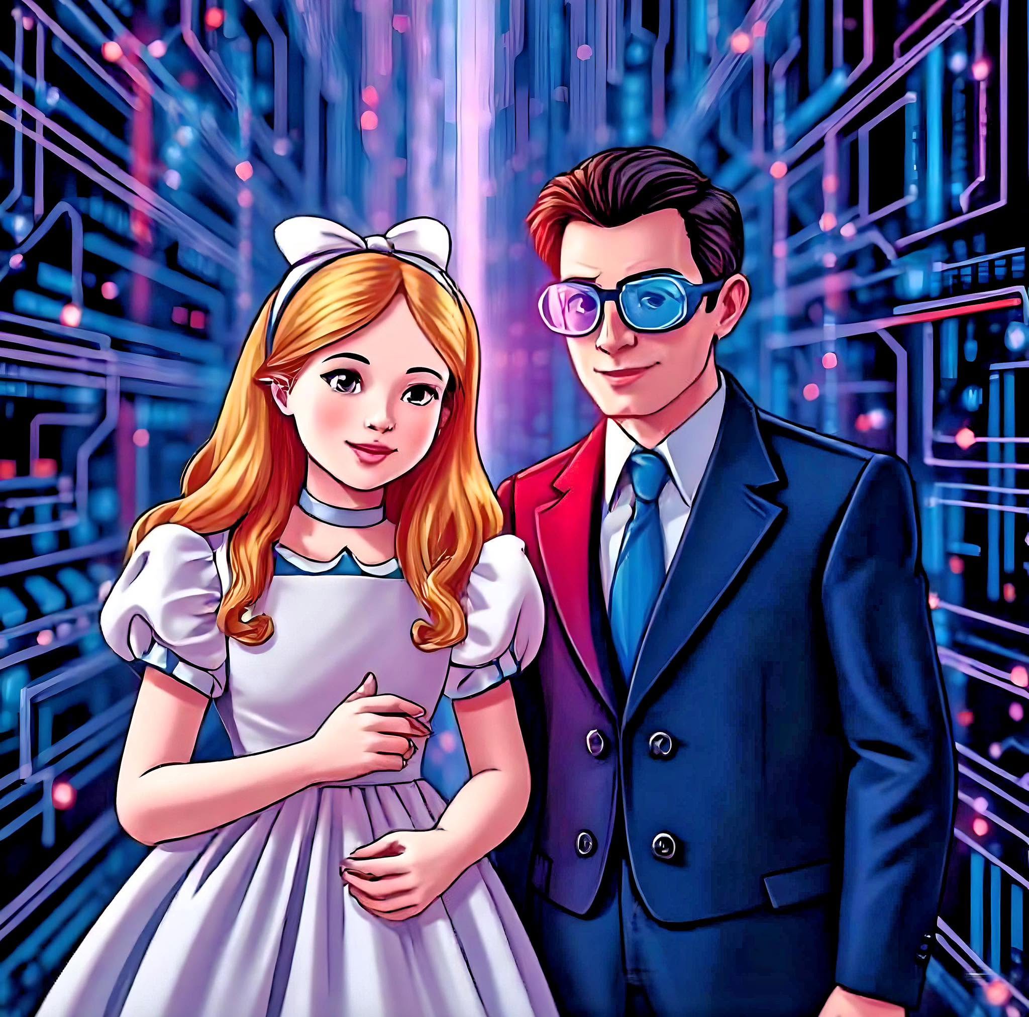 Illustration of an Alice-in-Wonderland figure and a man in futuristic glasses standing in a glowing quantum-circuit world.