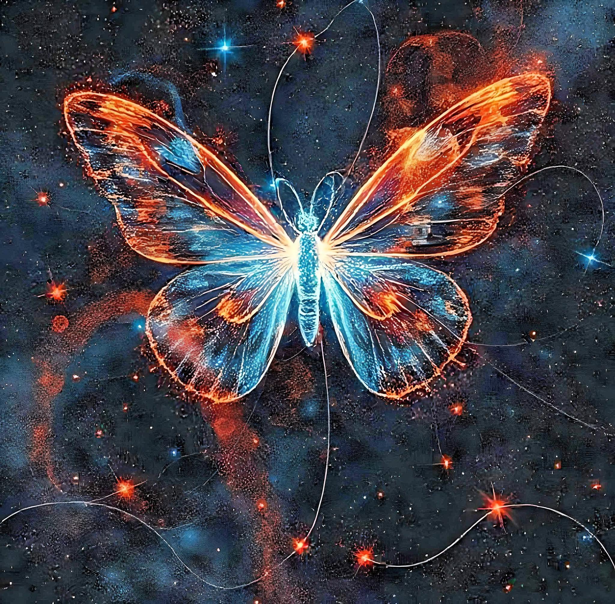 Illustration of a luminous butterfly with wings of fire and ice against a starry cosmos.