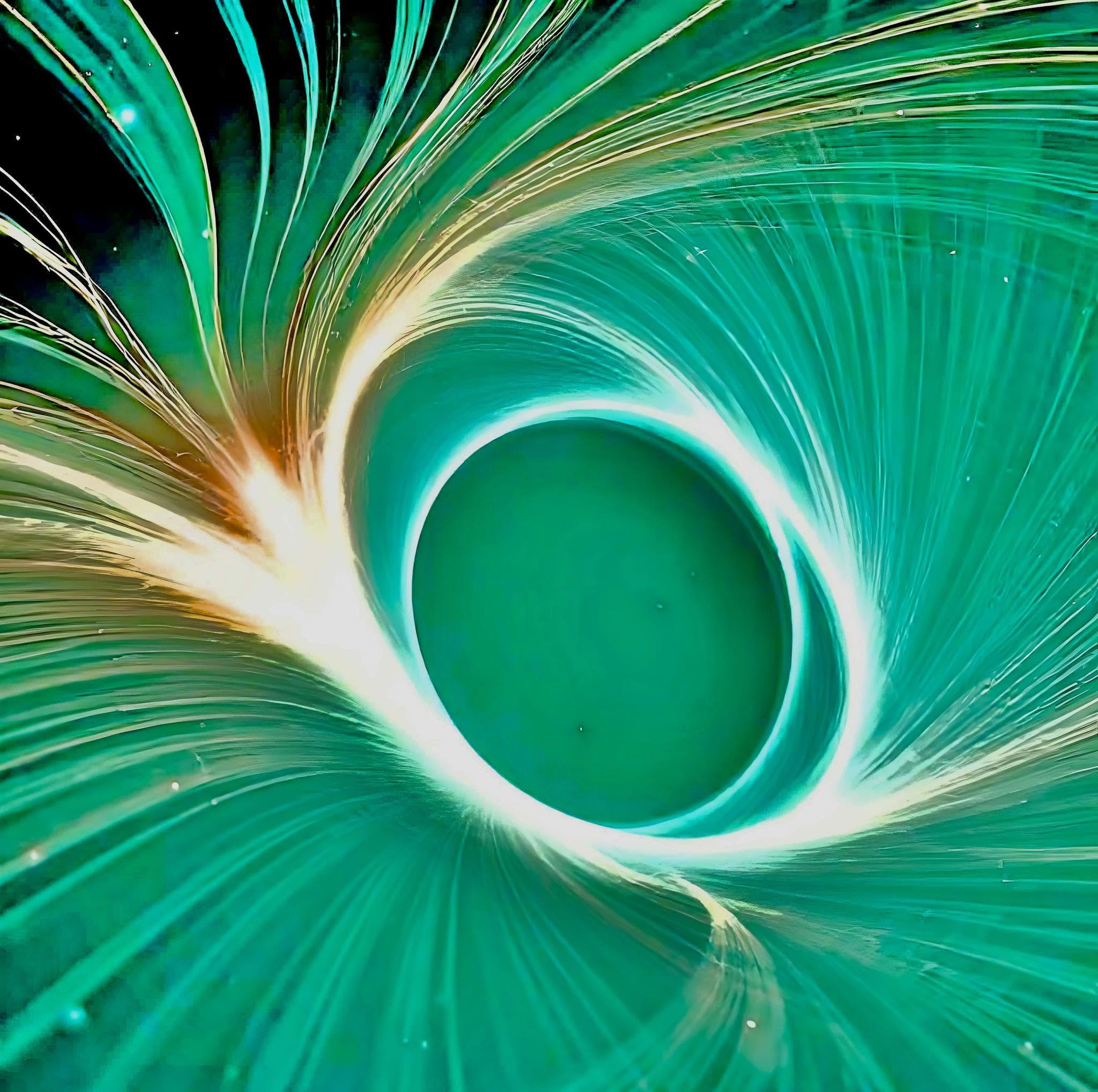Illustration of a glowing green wormhole vortex spiraling into the dark.