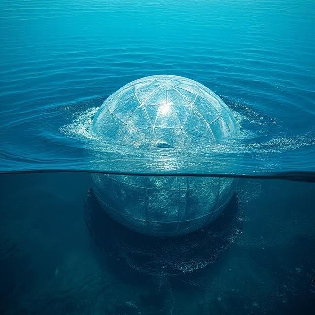 Illustration of a glass-domed underwater battery half-submerged in the sea.