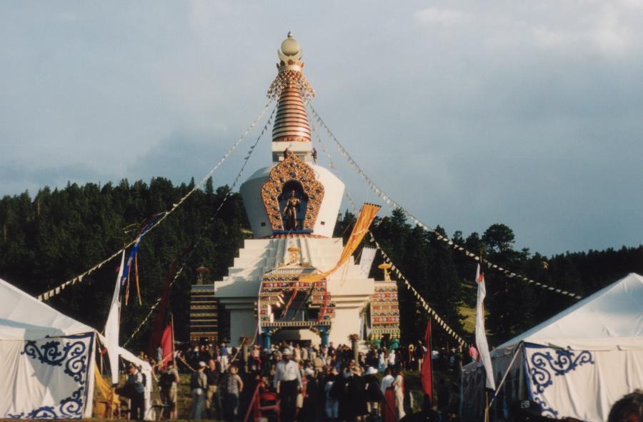 Great Stupa of Dharmakaya, front view with prayer flags