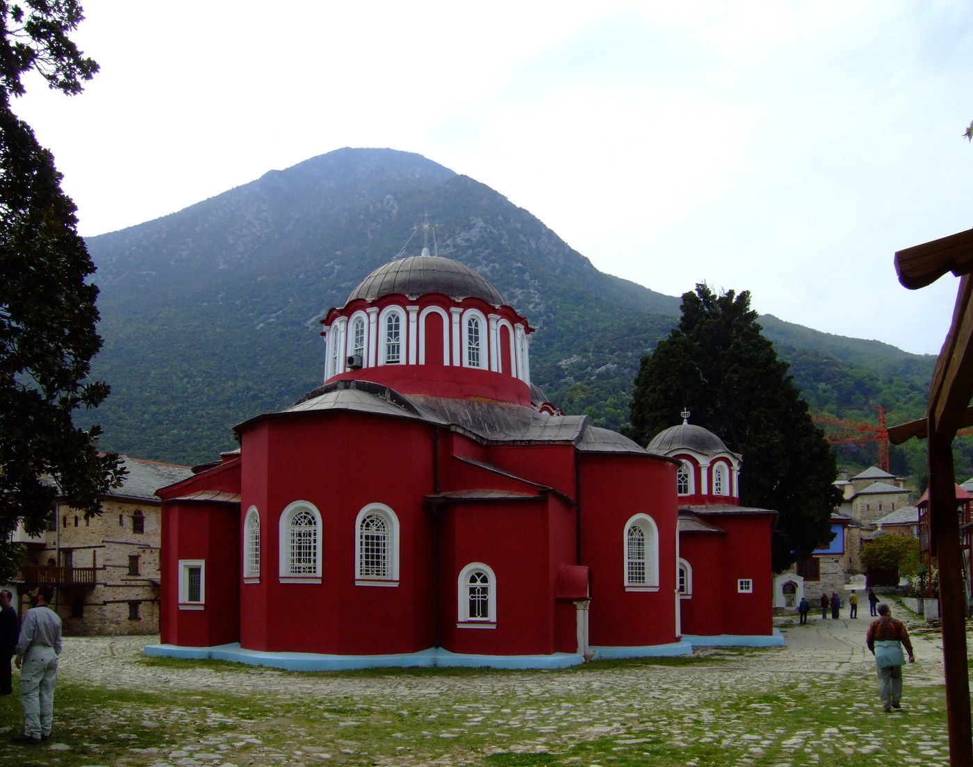 Red-domed katholikon of Great Lavra with Mount Athos behind
