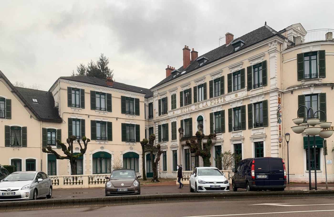 Street view of the hotel front in January 2021, signage over the entrance
