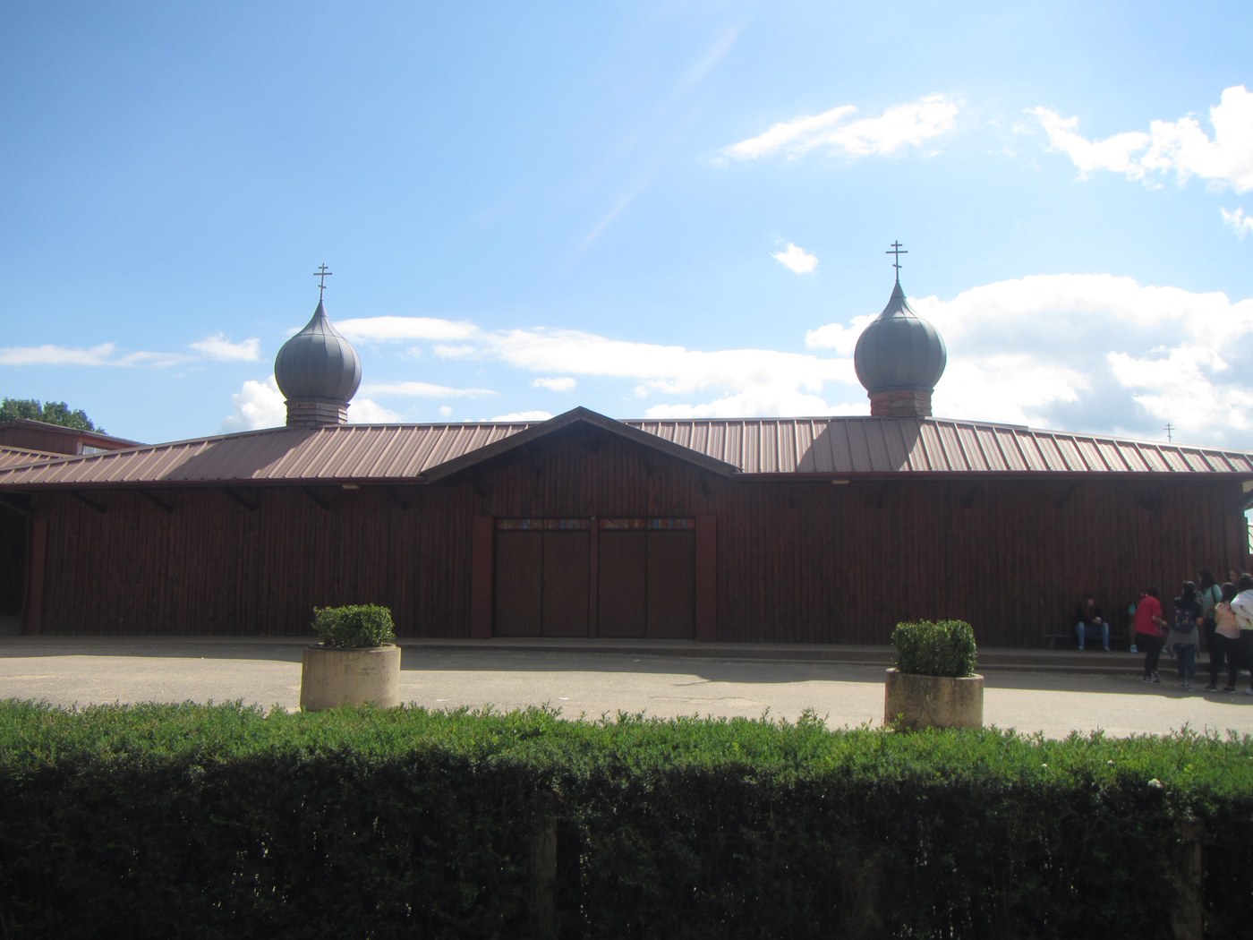Front of the Church of Reconciliation with onion domes, visitors on the plaza