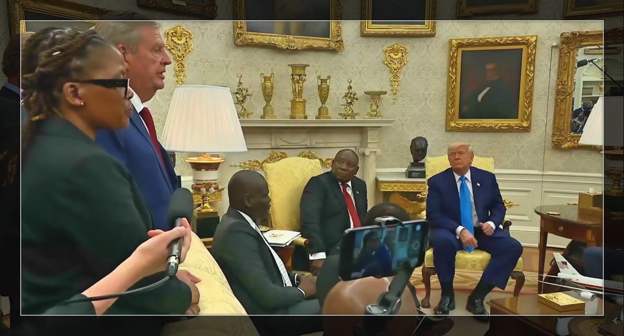 A video still of President Donald Trump and South African President Cyril Ramaphosa in the Oval Office with reporters.