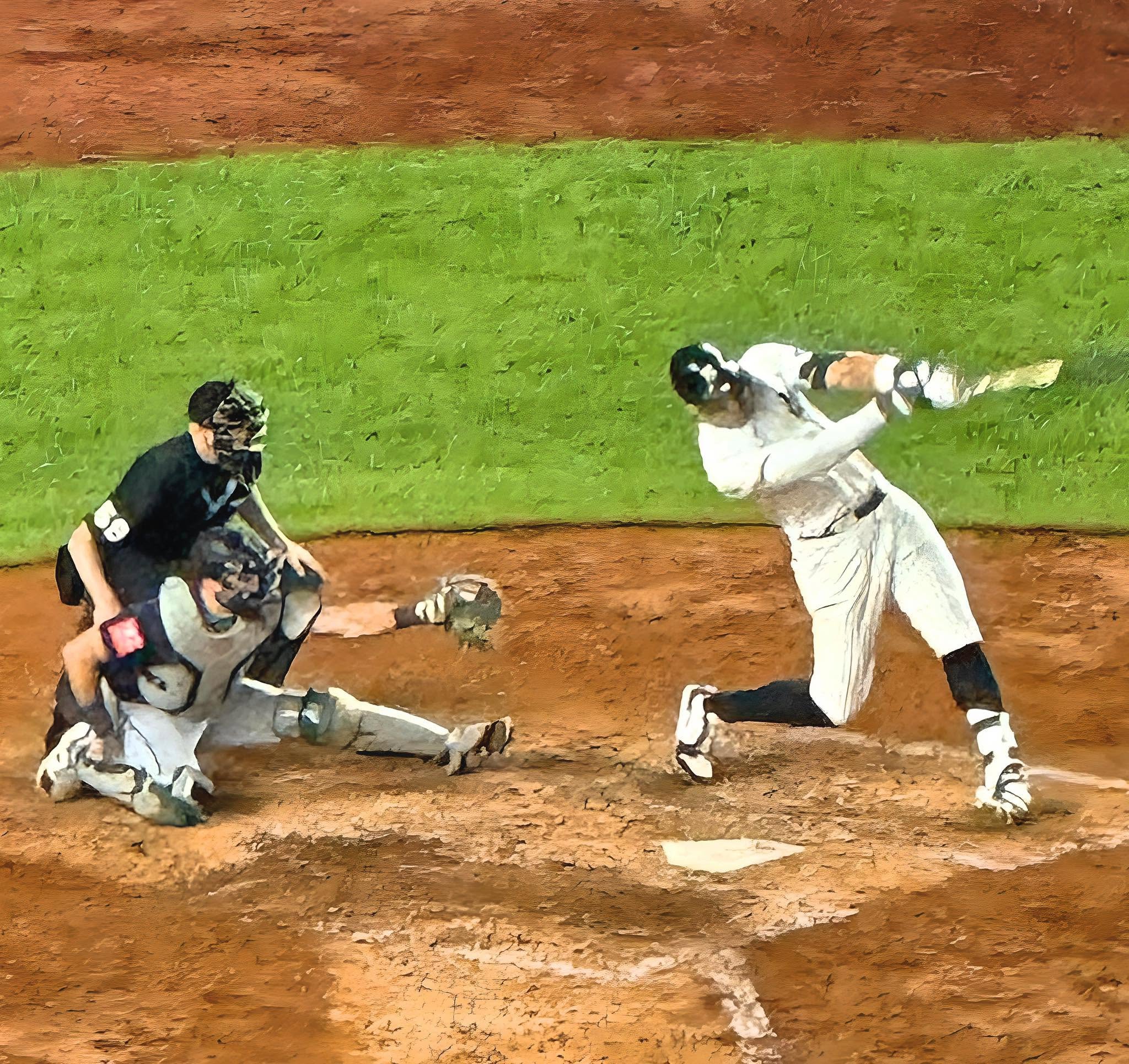 A Yankees hitter in pinstripes follows through on a swing as the Seattle catcher and the plate umpire look on