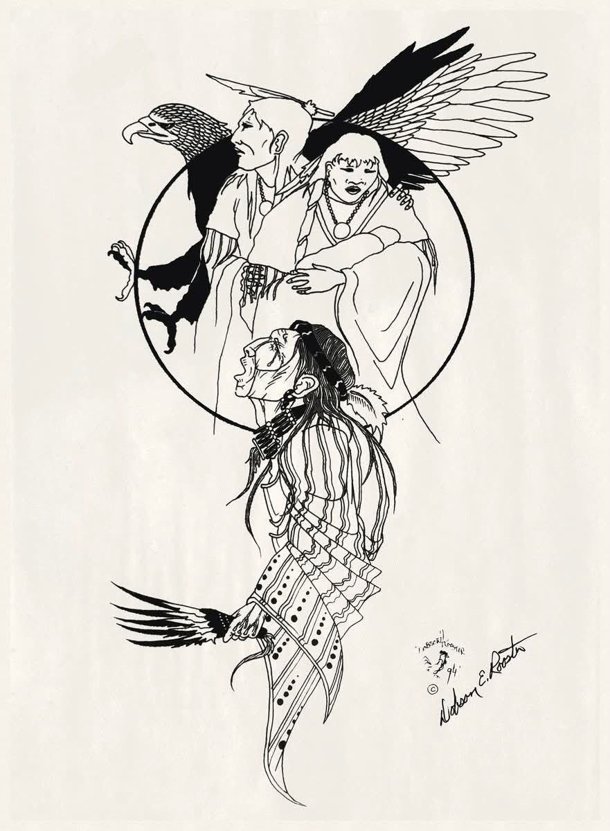 Dobson Rooster's 1994 ink drawing of Native American figures with an eagle, signed by the artist.