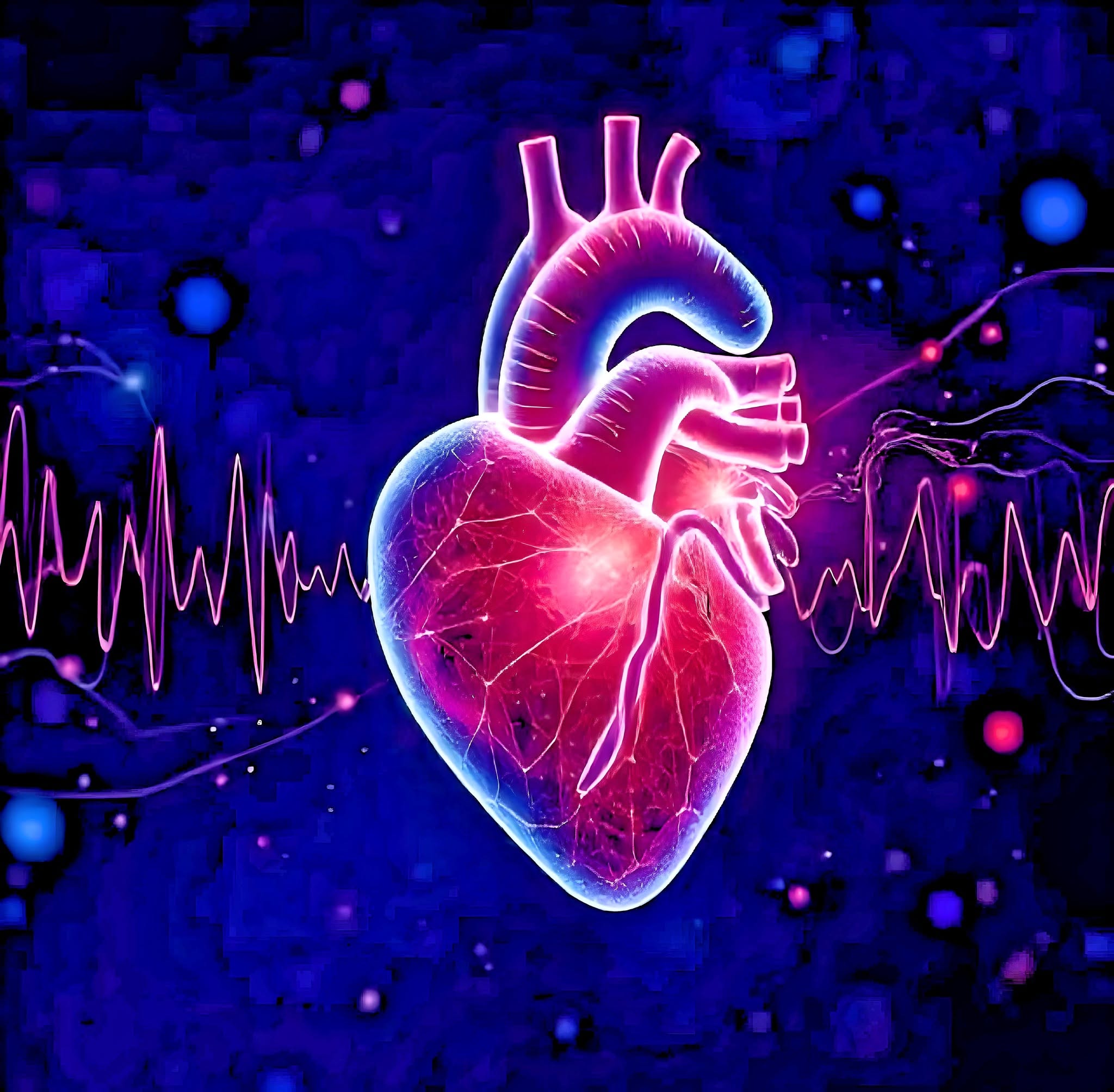 Illustration of a glowing anatomical heart with electrocardiogram waveforms on a deep blue field.