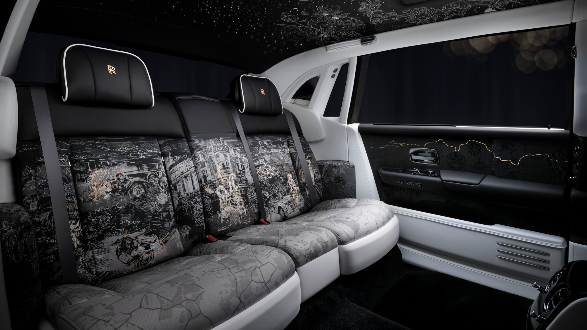 Phantom Centenary Private Collection: rear seats inspired by the 1926 “Phantom of Love,” with handwoven Aubusson tapestries.