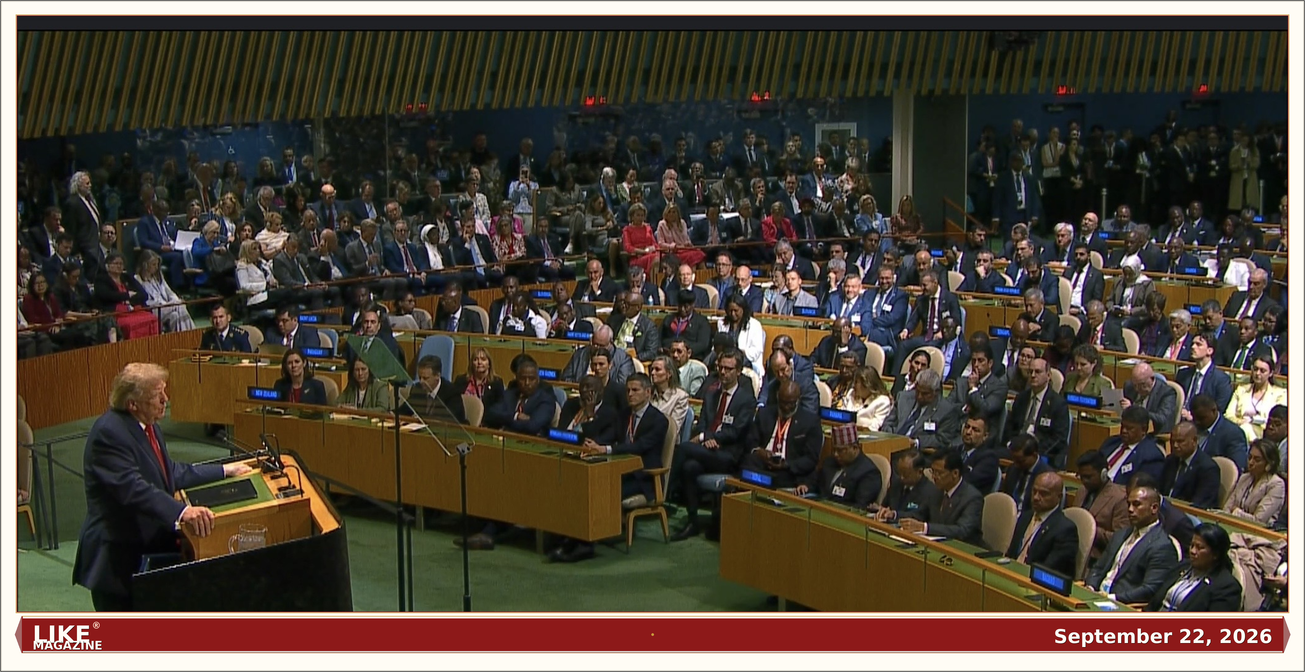 President Donald J. Trump at the podium of the United Nations General Assembly, September 22, 2026 — chock-a-block hall